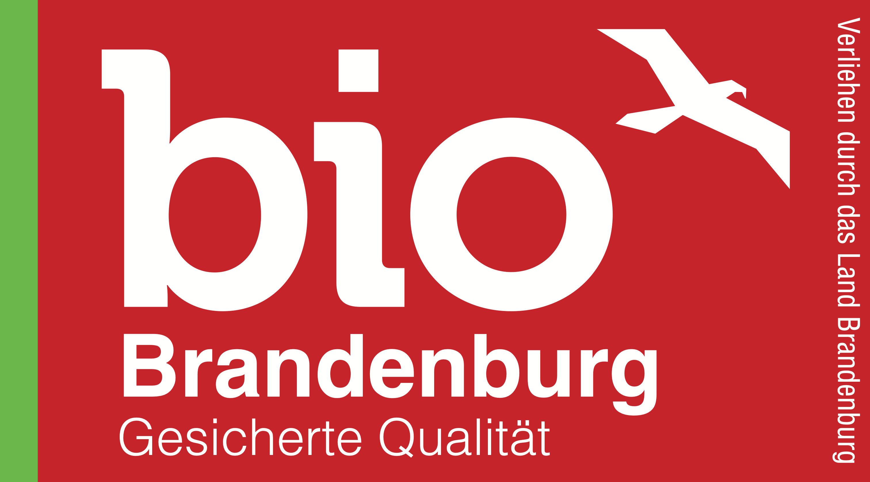 Ein rotes Logo mit der weißen Aufschrift "bio Brandenburg Gesicherte Qualität" und einem weißen Adler.
