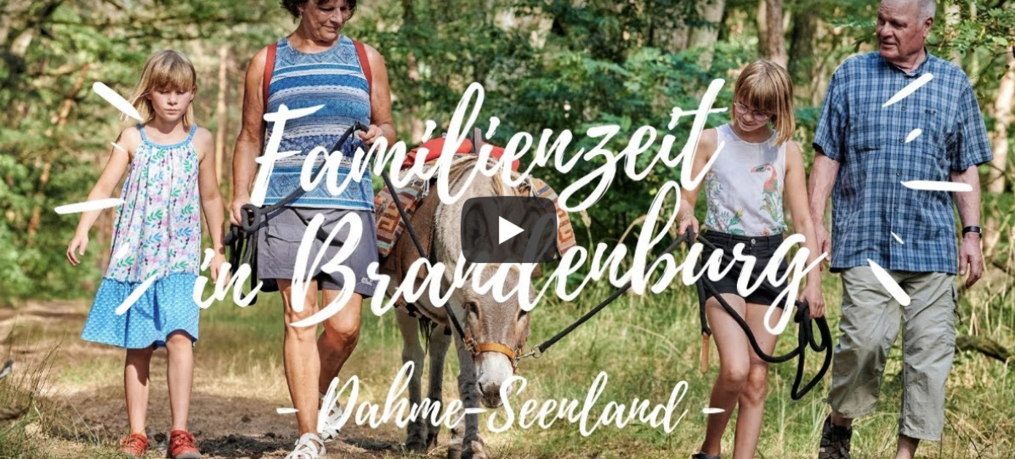 Eine Familie läuft mit einem Esel in der Mitte auf einem Weg in einem Wald. Eine Aufschrift "Familienzeit in Brandenburg. Dahme Seenland"