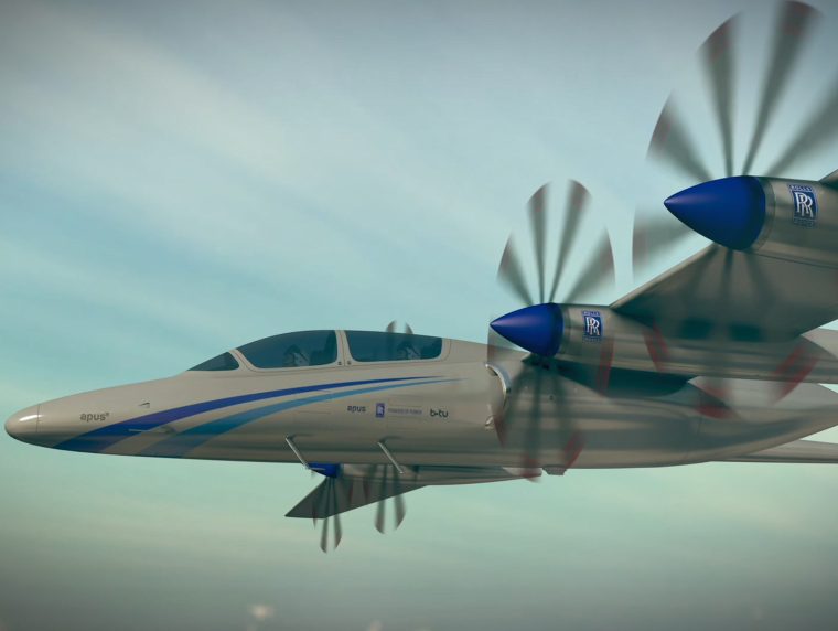 Ein animiertes Flugzeug mit vier Turbinen.